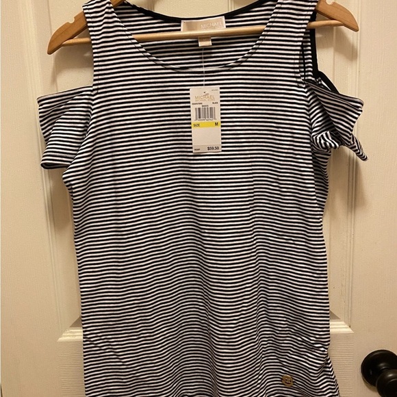 Michael Kors Navy and White Striped Cold Shoulders Women's Top Sz M NWT!! - Picture 1 of 14